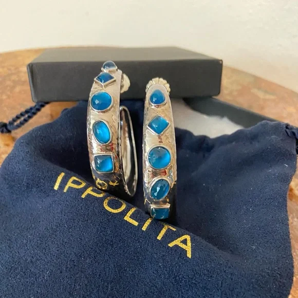 Ippolita Authentic Sterling Silver large hoops blue Topaz🩵